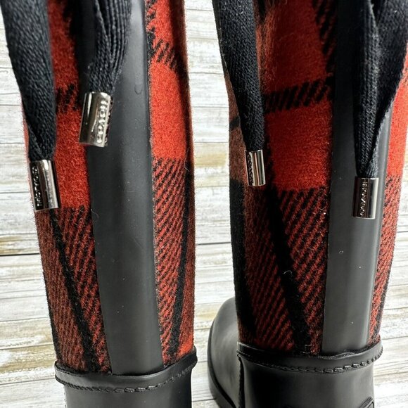 Coach Woman’s Tristee Rain Red/Black Buffalo Plaid Fleece-Lined Boots Size 6B - Picture 5 of 12